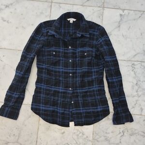 LL Bean Signature Black and Blue Plaid Button Down Shirt